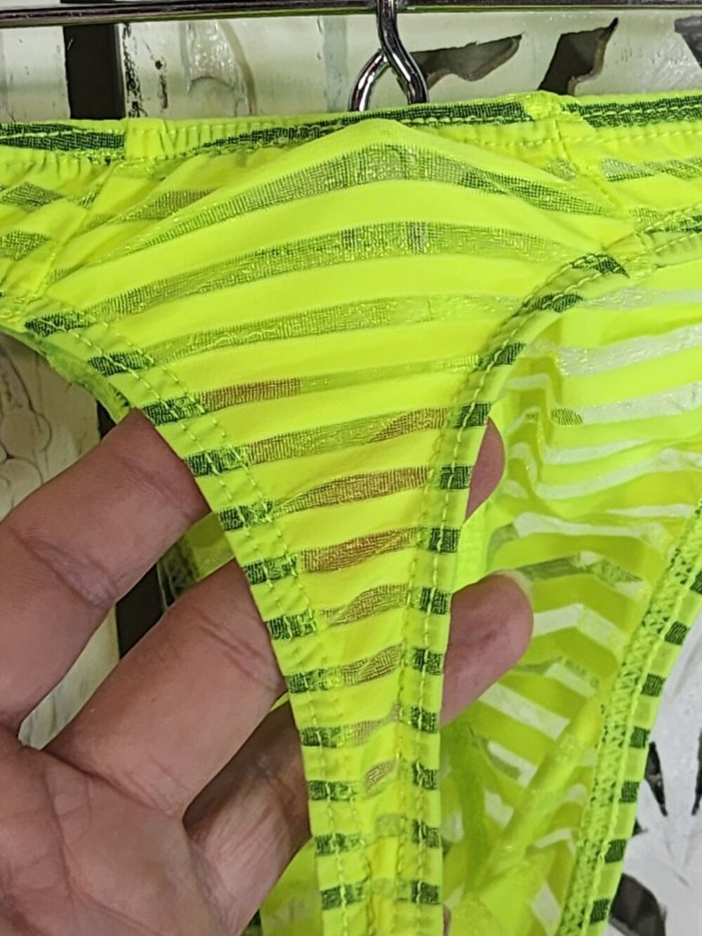 Unknown Brand Neon Lime Sheer Gray Metallic Stripe Thong Underwear Fit Like M - Picture 9 of 16